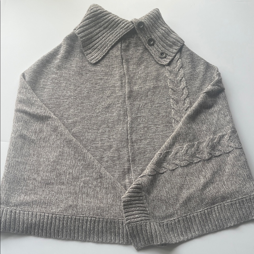 Brown Gray Melange Women's Sweater Poncho with Button Collar